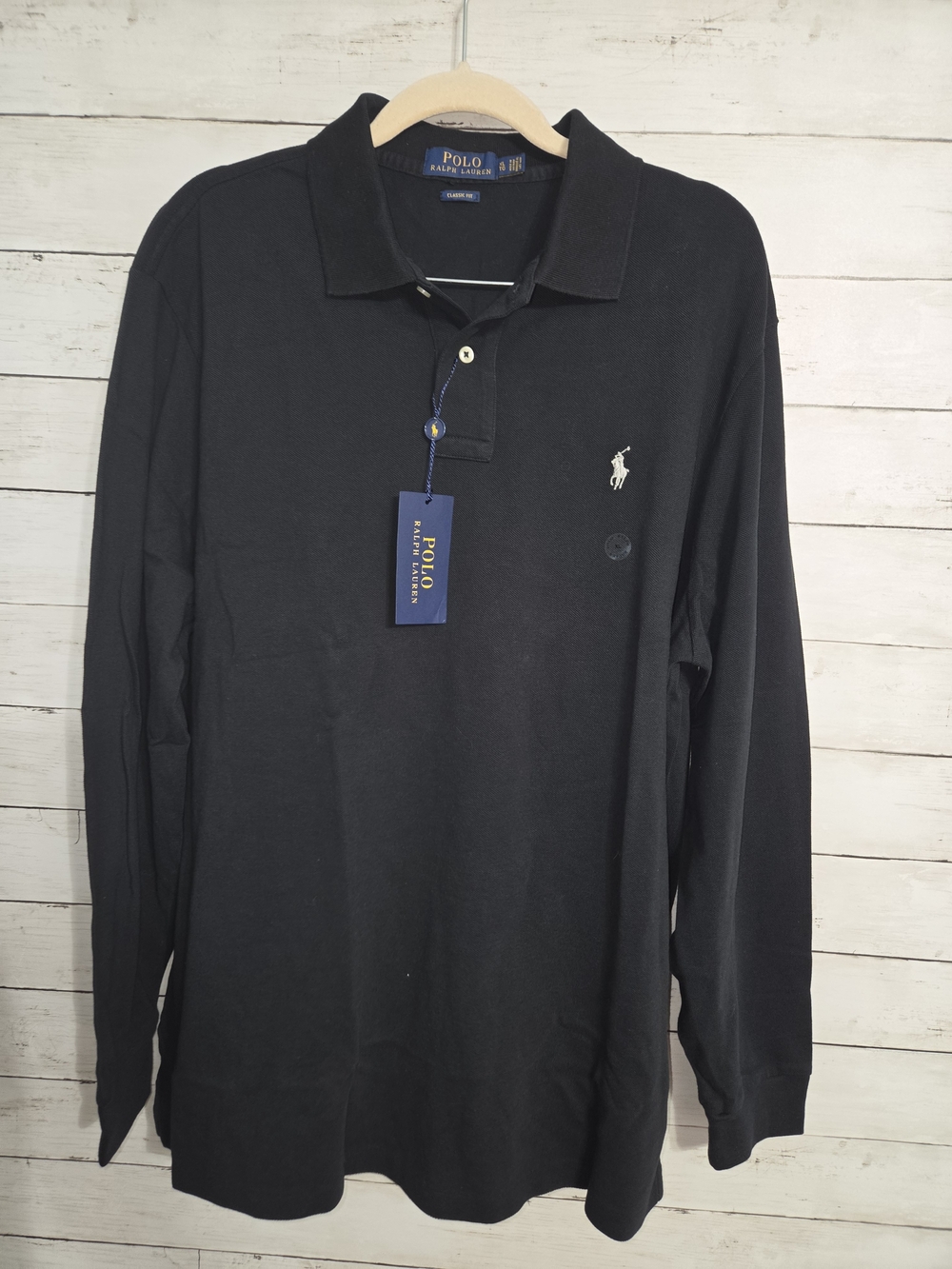 NWT-Polo by Ralph Lauren Men's Long Sleeve Textured Polo Shirt - Black- Classic